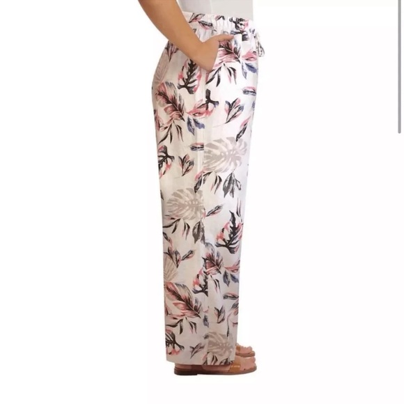 Briggs tropical floral print wide leg Linen blend pants pockets beige tan size S - Picture 2 of 10